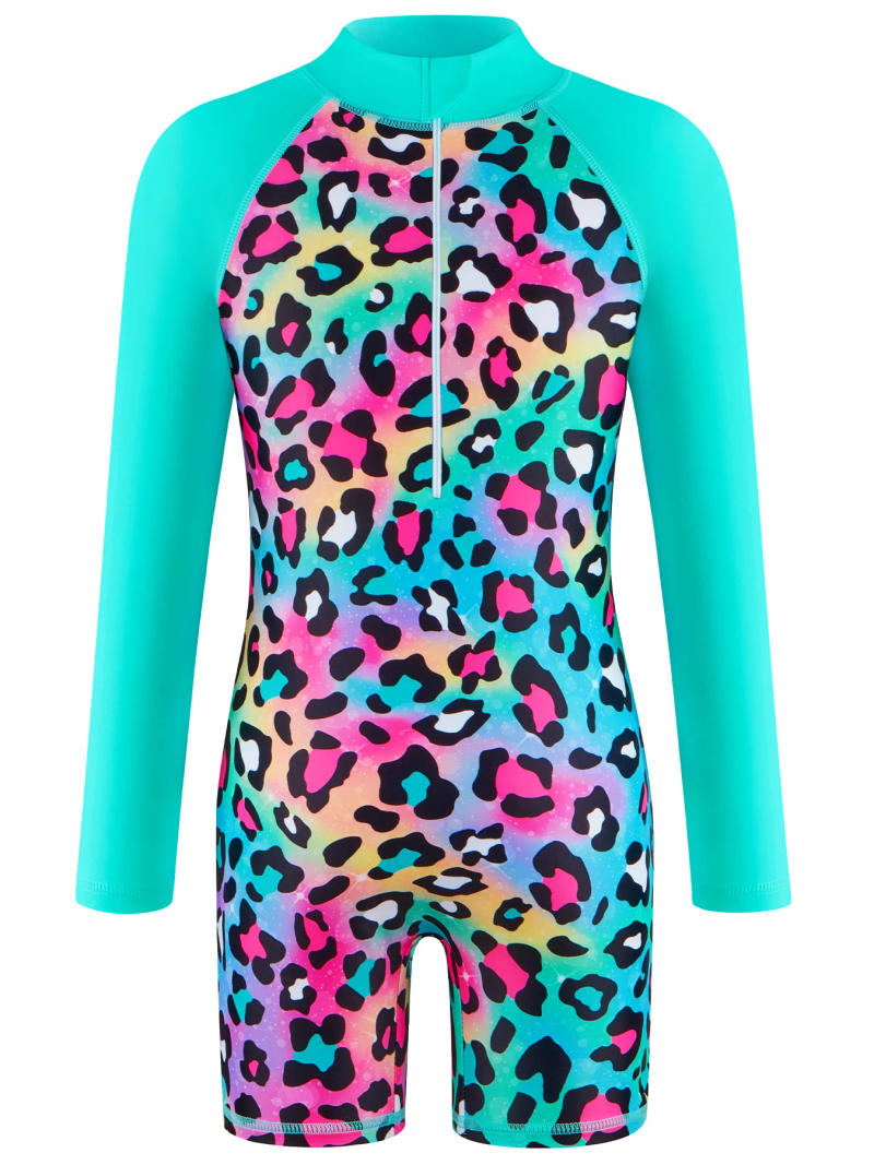 Description Picture 2 of itemBoyleg Shorts Girls Swimsuit, One-Piece Long Sleeve Leopard Pattern Print Swimwear, Beach Style, Kids Swim Rash Guard, Summer