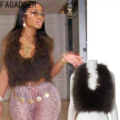 FAGADOER Y2K Sexy Fur Vests Women Brown Halter Backless Low-Neck Lace-up Bodycon Crop Tops Hot Girl Streetwear 2025 Spring New