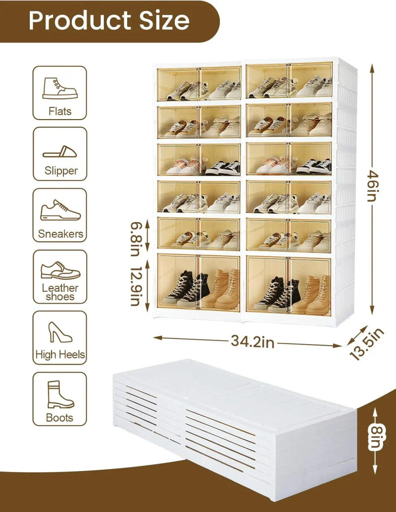 Description Picture 3 of item6 Tiers Foldable Shoe Rack Organizer, 24 Pairs Shelf Shoe Box for Entryway, Free Standing Shoe Shelf Cabinet with Lid Assembly