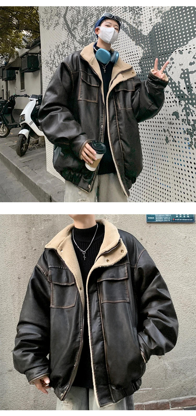 Description Picture 4 of itemAmerican Vintage Thicken Plus Velvet Pu Puffer Jacket Men Casual Warm Fleece Faux Leather Parkas Mens Winter Bubble Coats