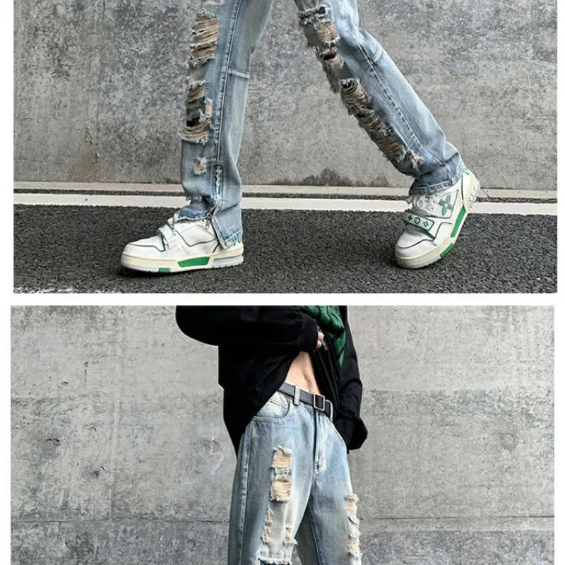 Description Picture 6 of itemY2K retro ripped jeans men's spring American retro street gangster handsome pants niche design zipper slit straight pants