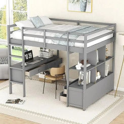 Full Size Loft Bed with Desk Storage Drawers Shelves Multifunctional High Loft Beds Kids Crafted Pine Wood Ladder Classic Design