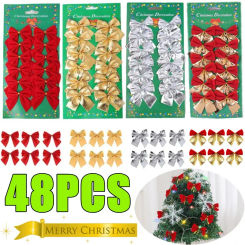 48-12PCS Christmas Bow Red Gold Mini Xmas Tree Bowknot Pendant Ornaments for Home Decoration Navidad New Year Party DIY Gifts