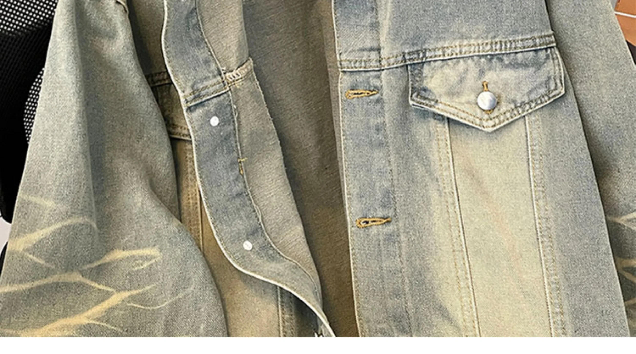 Description Picture 6 of itemAmerican Gradient Tie-dye Distressed Denim Jackets Men's Lapel Retro High Street Workwear Casual Loose Overcoat Male Clothes