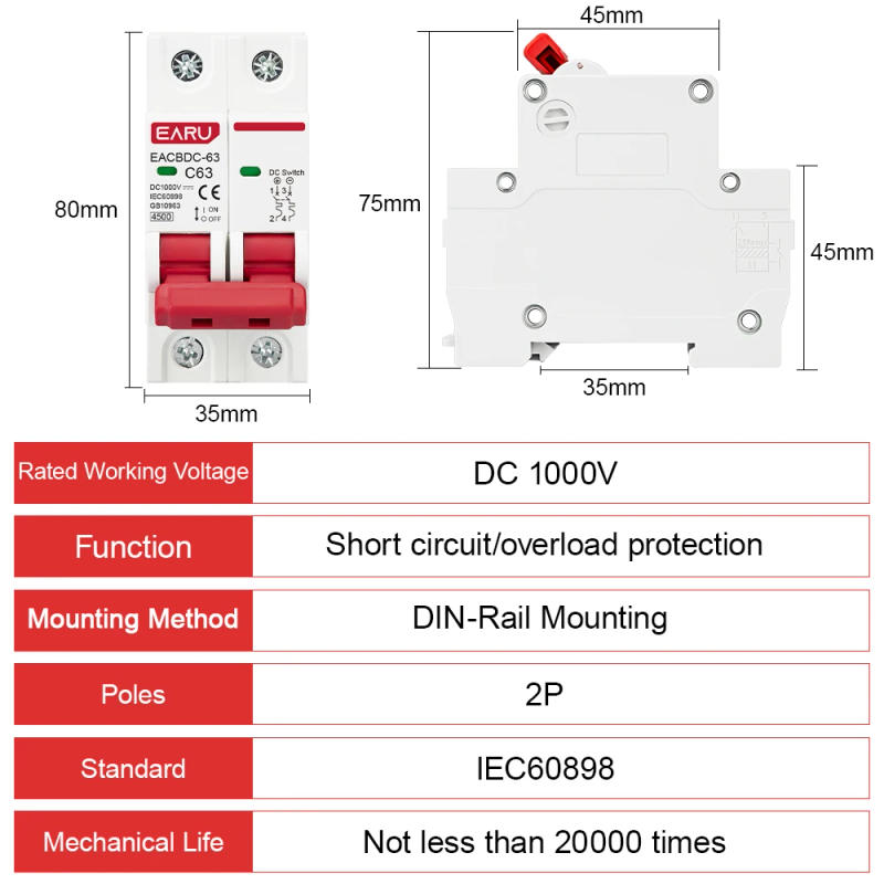 Description Picture 3 of item2P DC 1000V MCB Solar Mini Circuit Breaker Overload Protection Switch 6A 10A 16A 20A 25A 32A 40A 50A 63A DC1000V Photovoltaic PV