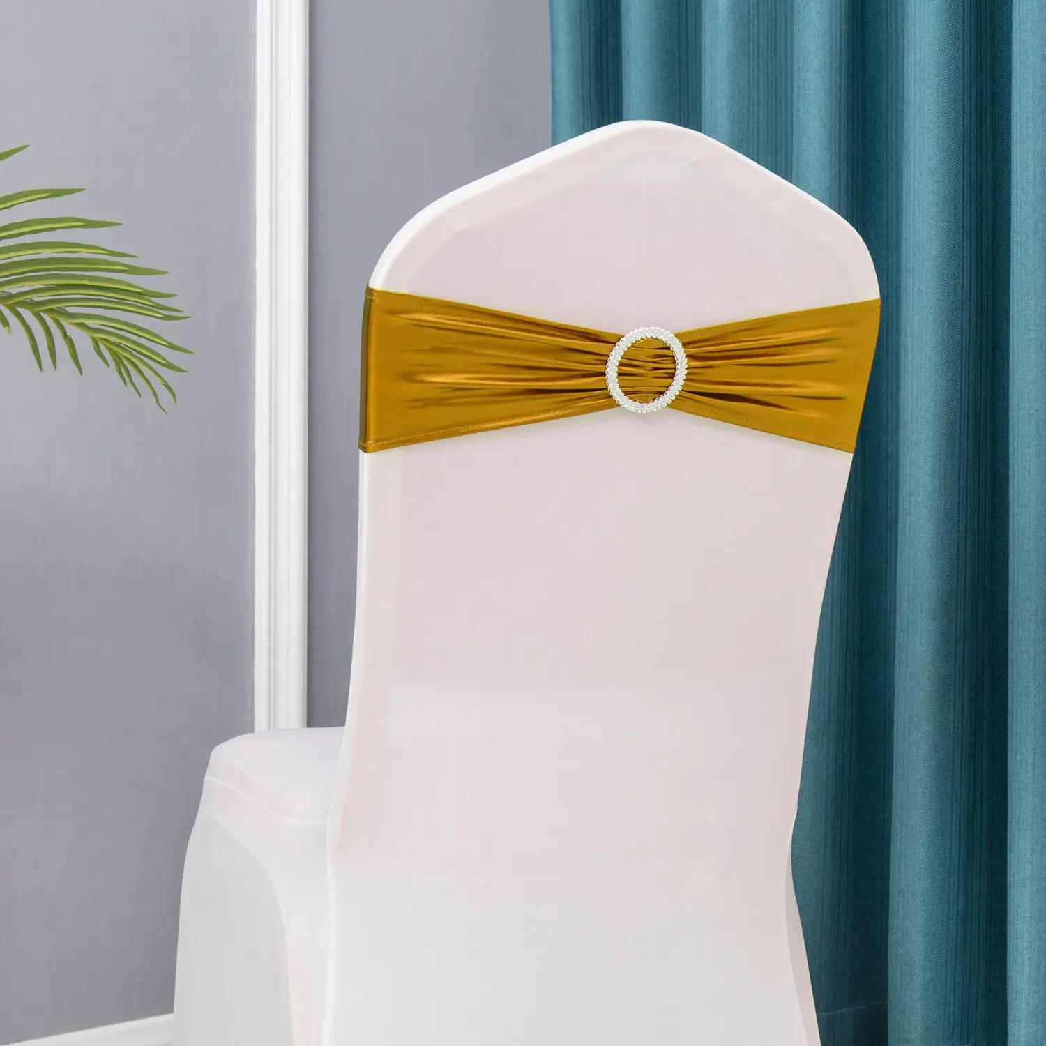 Description Picture 3 of item50PCs/lot Wedding Chair Decoration Metallic Gold Chair Sashes Knot Bands Chair Bows For Wedding Party Banquet Event Chair Decors