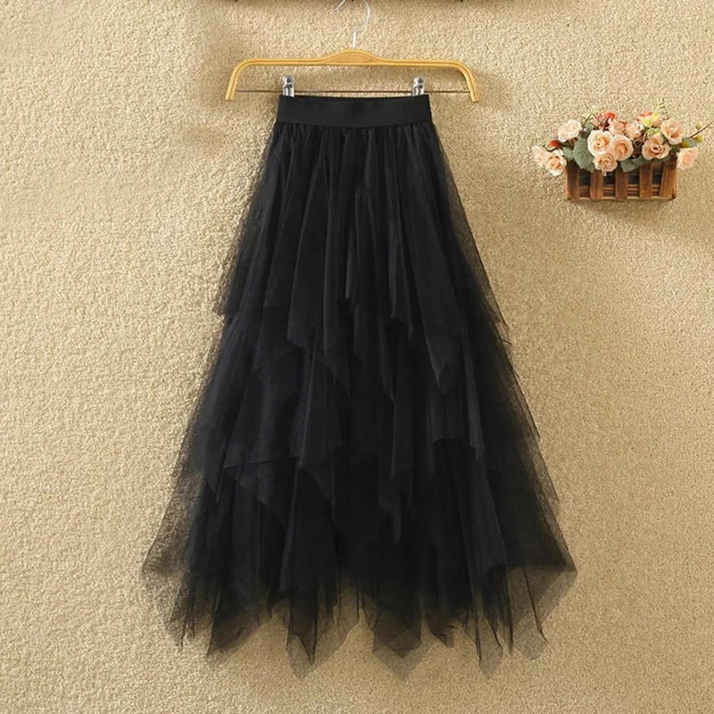 Description Picture 2 of itemWomen's Tulle Skirt Formal High Low Asymmetrical Midi Length Elastic Waist Tutu Layered Puffy Fairy Ball Gown Skirts Streetwear