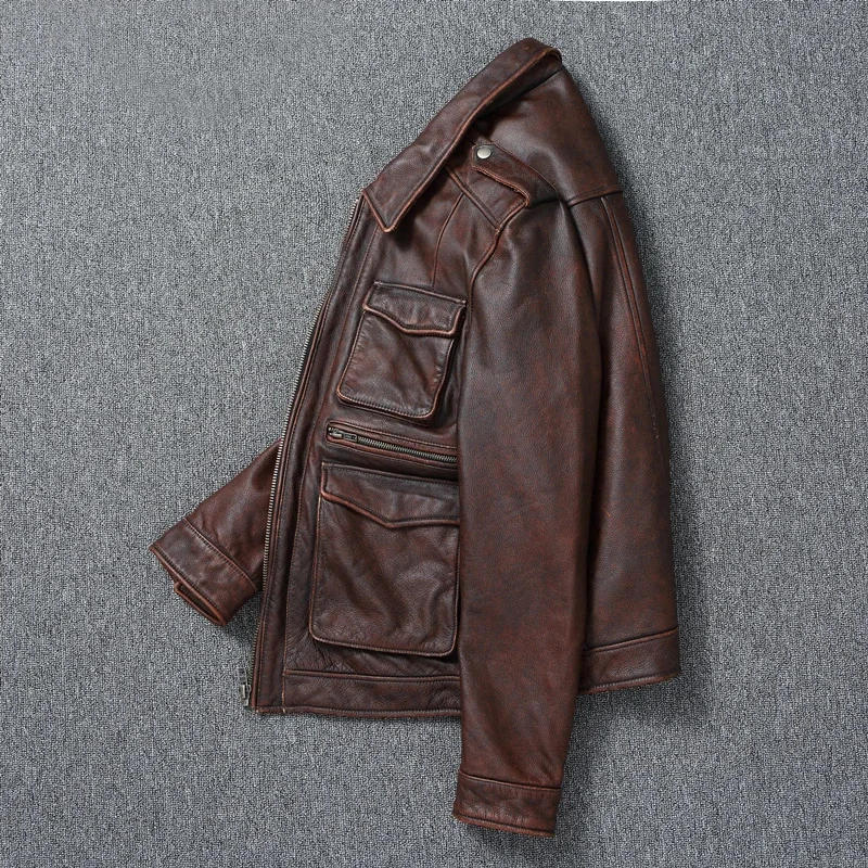 Description Picture 4 of itemGenuine Leather Men's Retro Old-Fashioned Motorcycle Jacket Pure Head Layer Cowhide Slim-Fit lapel Coat Casual Trend