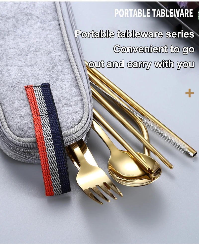 Description Picture 2 of item1set Silvery/Golden 304 Stainless Steel Straw Tableware Set Portable Knife Fork Chopsticks Straw and Brush