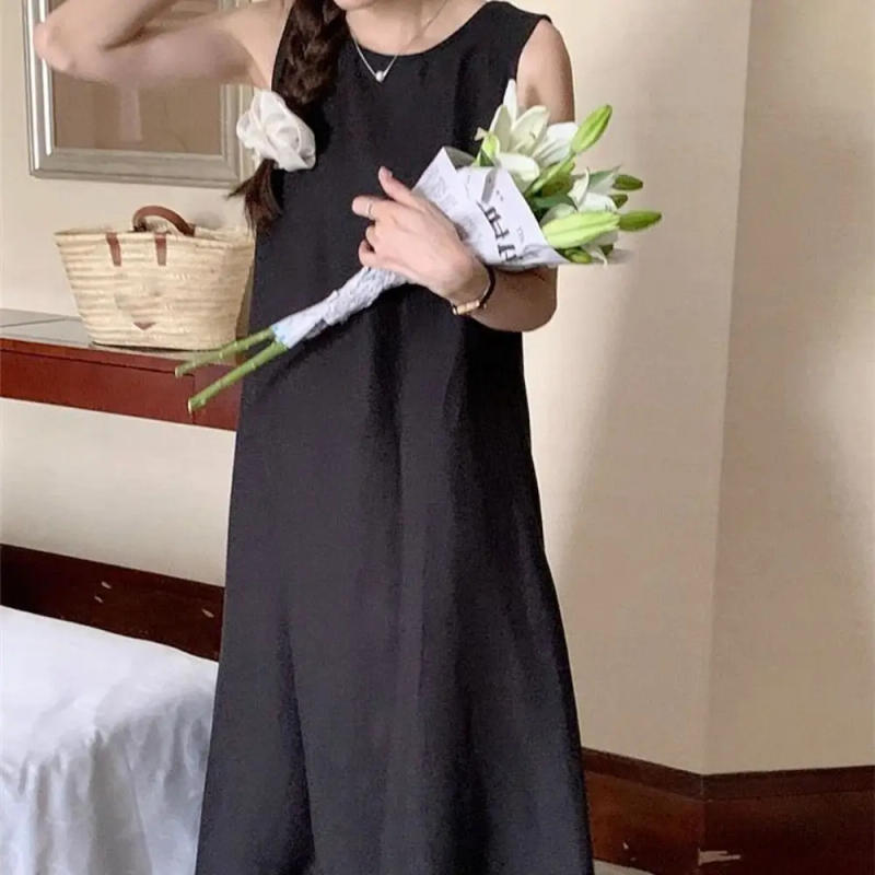 Description Picture 4 of itemFashion Solid Summer Sleeveless Dress Hollowed Out Round Neck Vocation Vest Dresses Beachwear Simple Open Back Long Dress Ladies