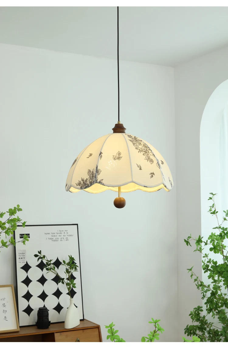 Description Picture 5 of itemFrench Medieval cream Patterned Fabric Pendant Light Solid Wood Restaurant Extendable Bar Counter Bedroom Study Chandeliers