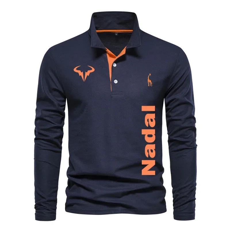 Description Picture 3 of itemRafael Nadal 100% cotton men's polo shirt Comfortable new Long sleeve lapel men's golf shirt top color matching men's shirt top