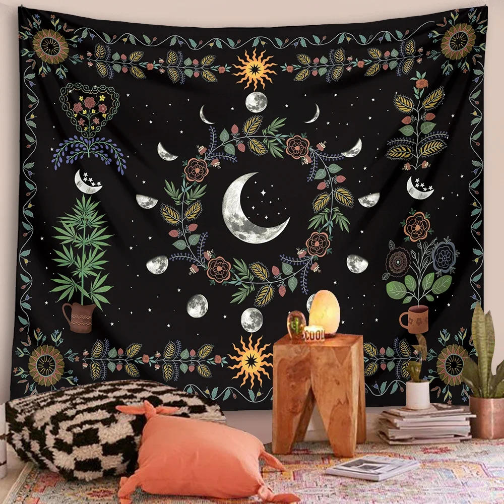 Description Picture 4 of itemMoon phase Floral Tapestry Wall Hanging Celestial Flower sun moon Starry black bohemia mandala Wall Carpets Dorm home Decor