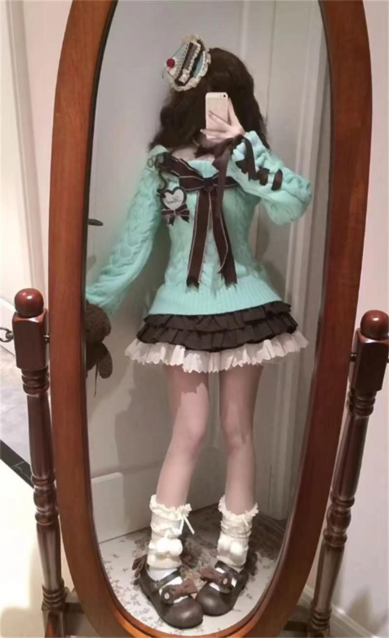 Description Picture 5 of itemY2k Aesthetic Slash Neck Twist Sweater Women Off Shlouder Sweet Bow Pullover Preppy Style Solid Slim Fit Kawaii Fairy Jumpers