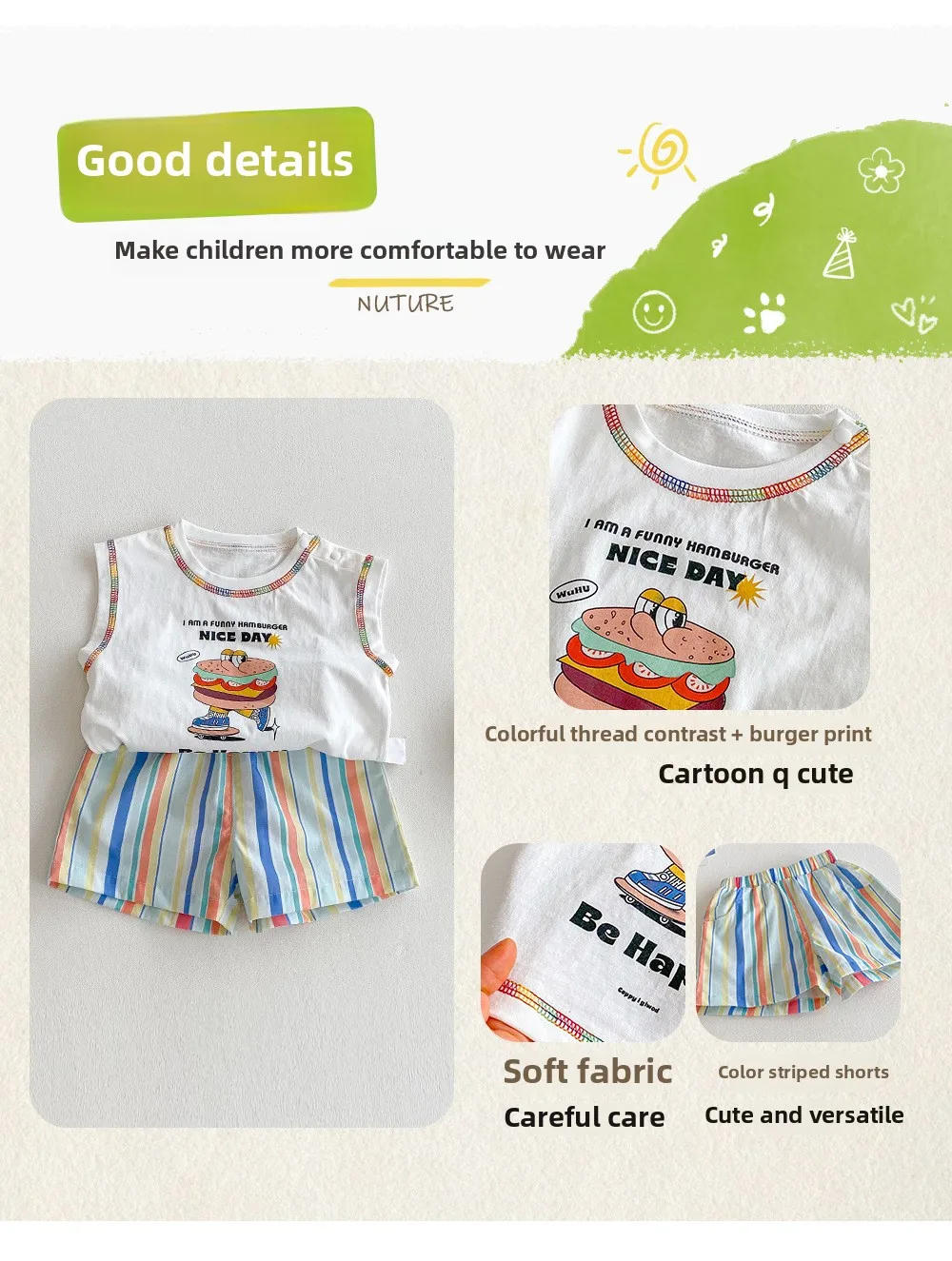Description Picture 2 of itemChildren's Burger Tank Top 2025 New Summer Boys' Stylish Cartoon Printed T-shirt Baby Fashion Striped Shorts