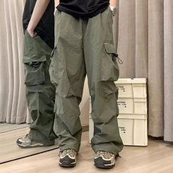 Loose Fit Trousers Stylish Men's Cargo Pants with Multiple Pockets Loose Fit Elastic Waist Trendy Streetwear Trousers for Hip