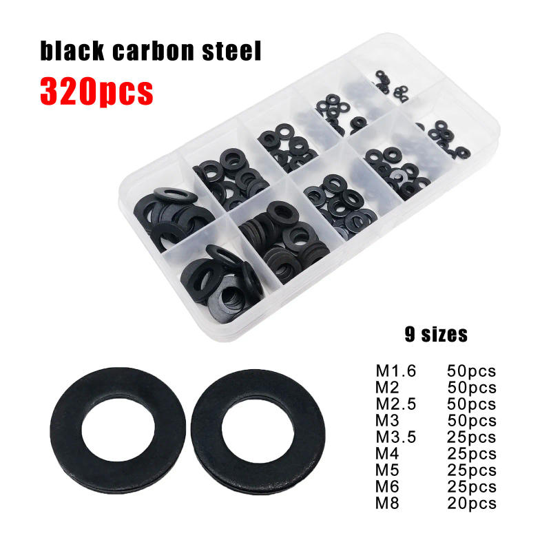 Description Picture 5 of item1 box 320pcs M1.6 M2 M2.5 M3 M4 M5 M6 M8 DIN125 304 Stainless Steel Black Steel Flat Washer Pad Set Plain Gasket Assortment Kit