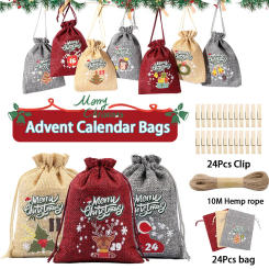 24Pcs/set Christmas Advent Calendar Bags Reusable Drawstring Candies Cookies Gifts Bag Home Christmas Party Advent Calendar Bags