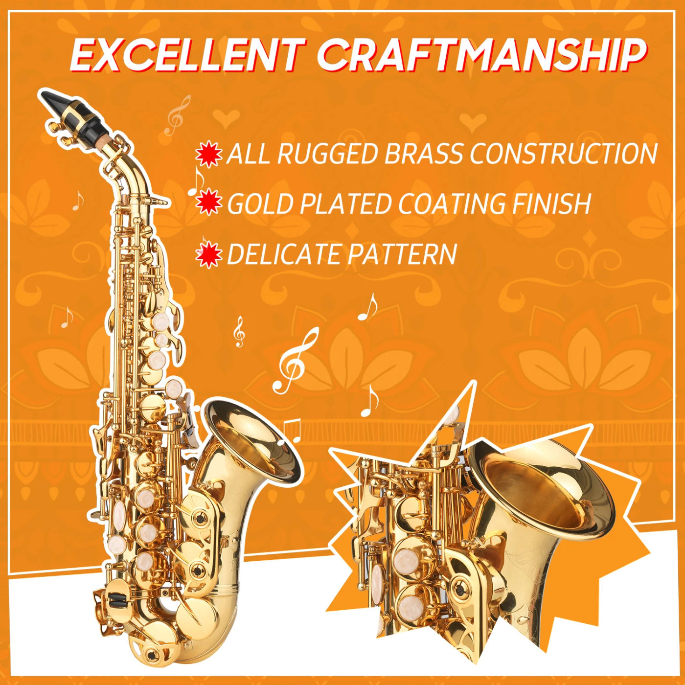 Description Picture 3 of itemBb Soprano Saxophone Gold Lacquer Brass Sax with Instrument Case Mouthpiece Neck Strap Cleaning Cloth Brush for Musicians Beginn