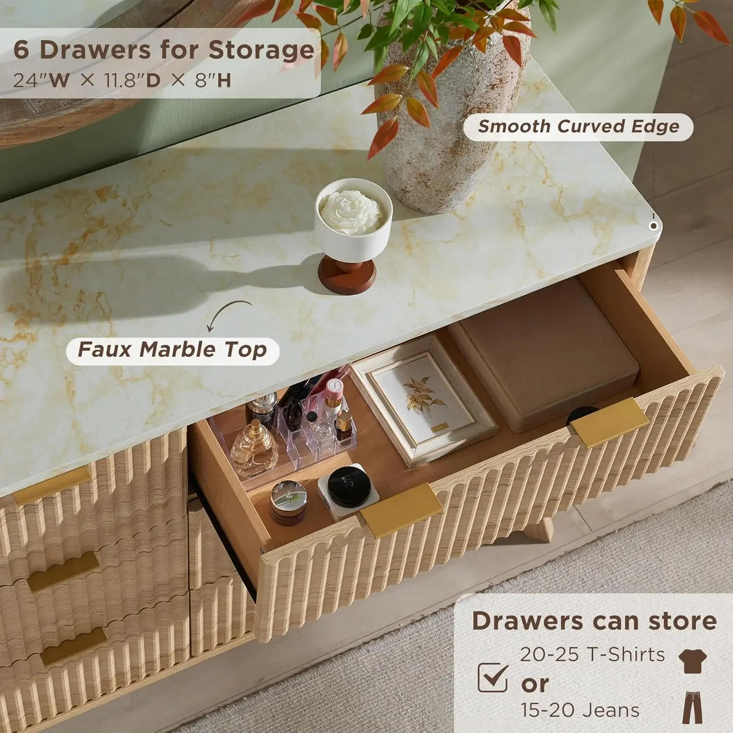 Description Picture 5 of itemFluted 6 Drawers Dresser 54" Wide Modern Chest Of Drawers With Faux Marble Top Curved Profile Design Dresser Natural Oak