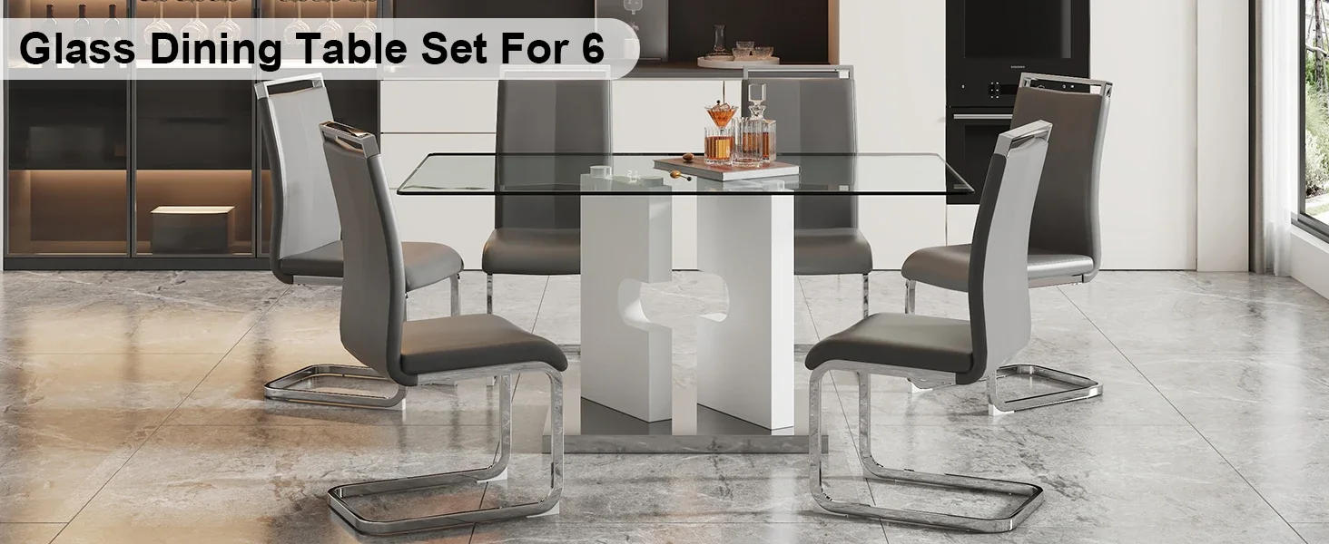 Description Picture 3 of itemDining Table and Chairs, Fits 6, White Glass Table with Faux Leather Chairs, Kitchen Display Table, 6-Piece Dining Tables Set