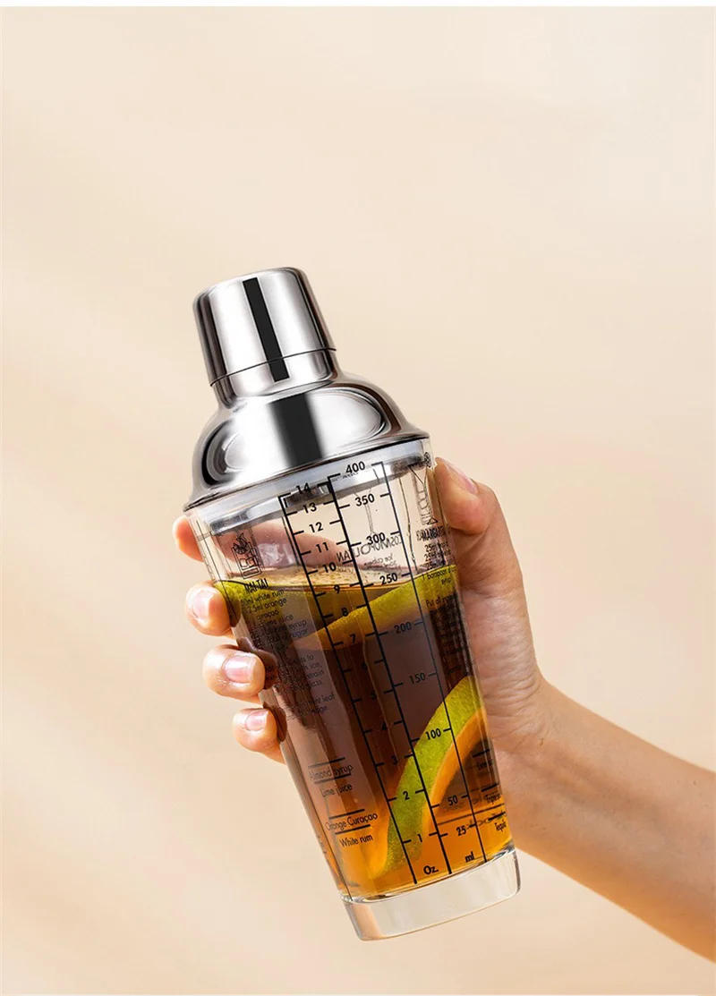 Description Picture 6 of item400/600ML Glass Cocktail Shaker Hand Shaker Cup with Scales Leakproof Metallic Steel Lid&Strainer Tea Wine Drink Shaker Mixer