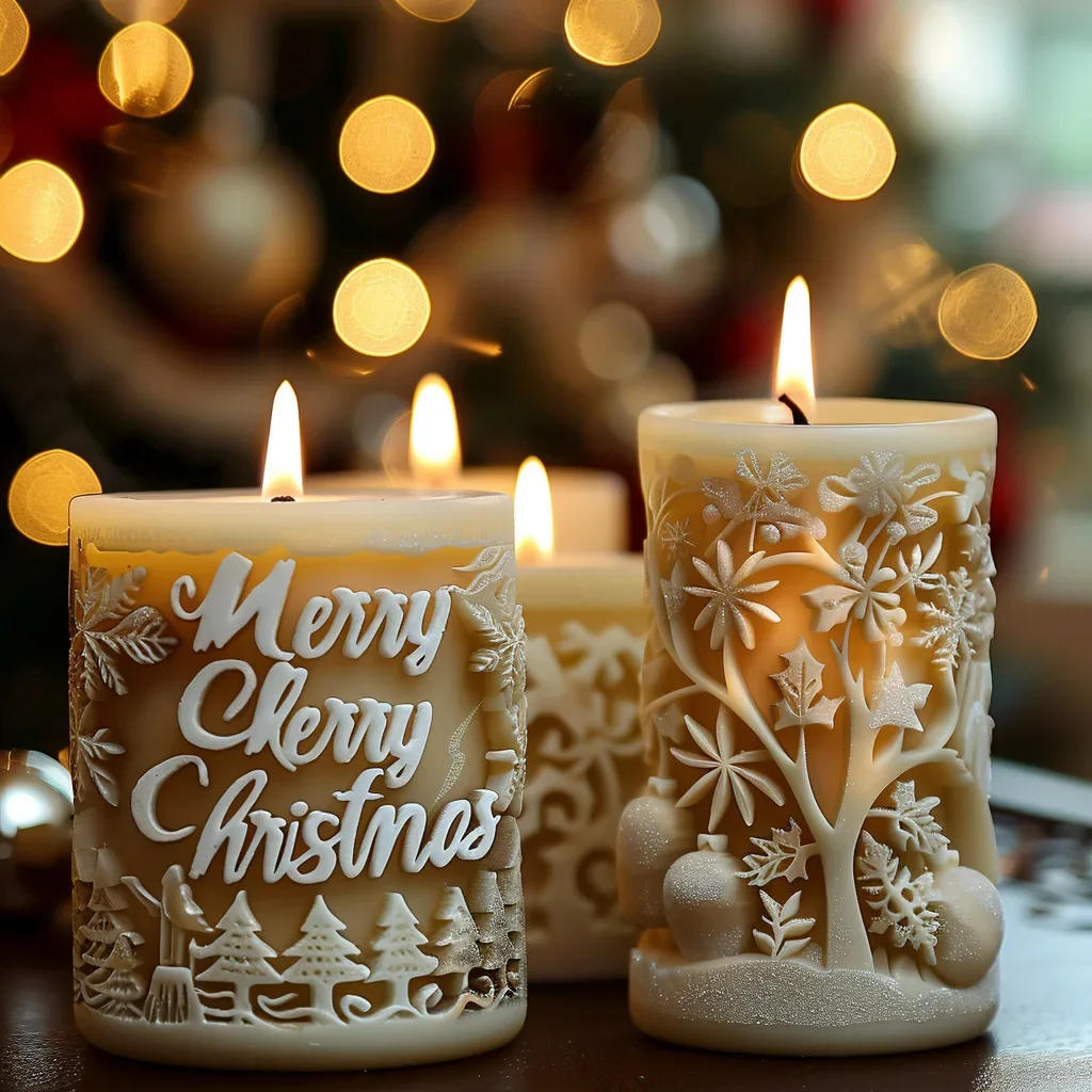 Description Picture 2 of itemChristmas Scented Candle Silicone Mold Christmas Letter Snowflake Candle Ornament Cylindrical Fragrance Candle Making Tools