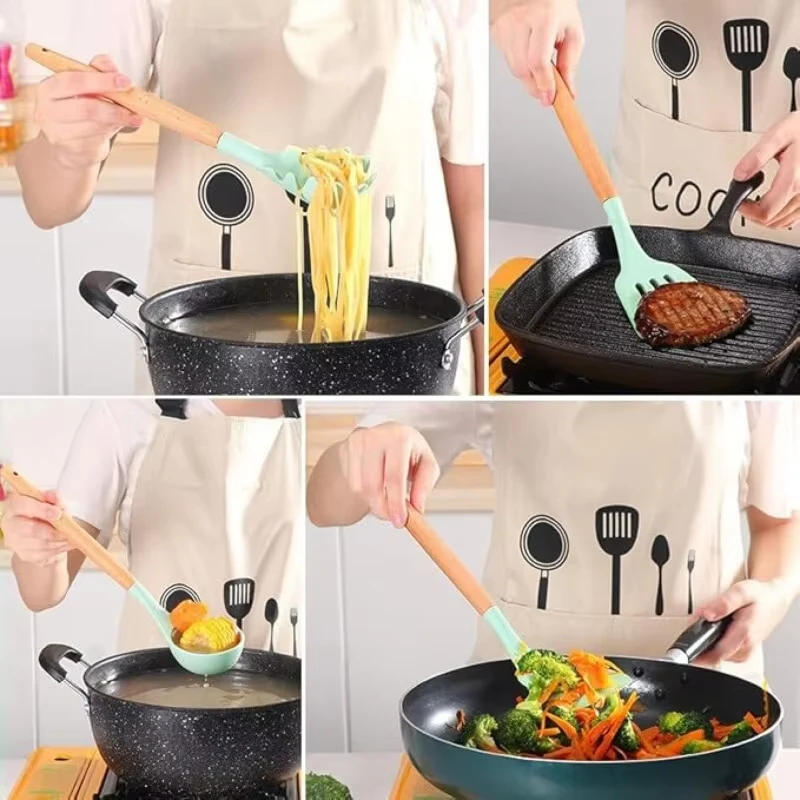 Description Picture 3 of item1set Cookware set kitchen tool set kitchen utensils cooking wooden handle gadgets with non-stick cookware