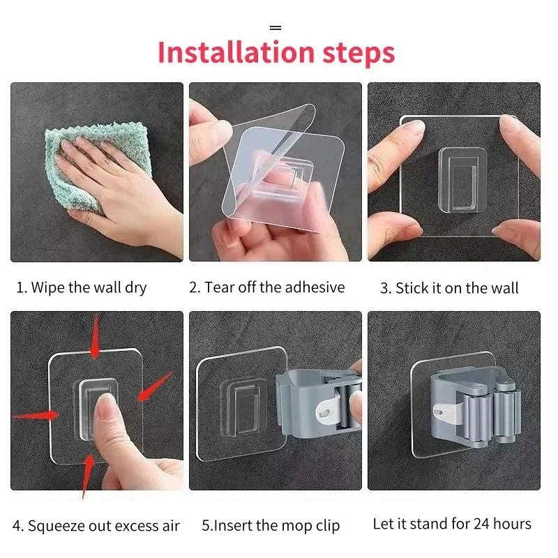 Description Picture 4 of itemMop Holder Self-adhesive Broom Stand Wall Mounted Mop Support Sweeping Brush Hook Storage Organizer Bathroom Kitchen Accessories