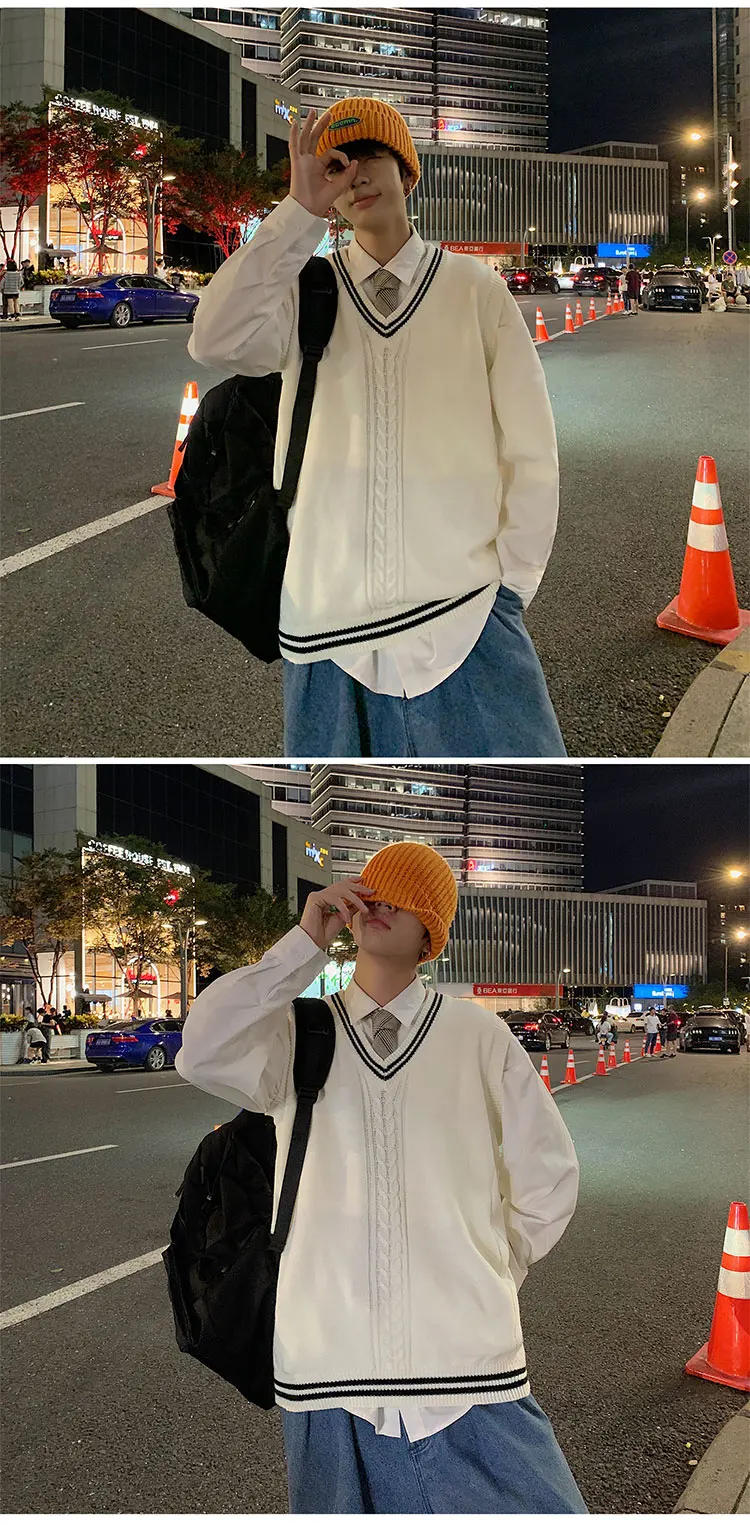 Description Picture 3 of itemMen 2022 Spring Autumn New Solid Color Sweater Vest Men's V-neck Knitted Sleeveless Tops Male Loose Pullover Waistcoat A461