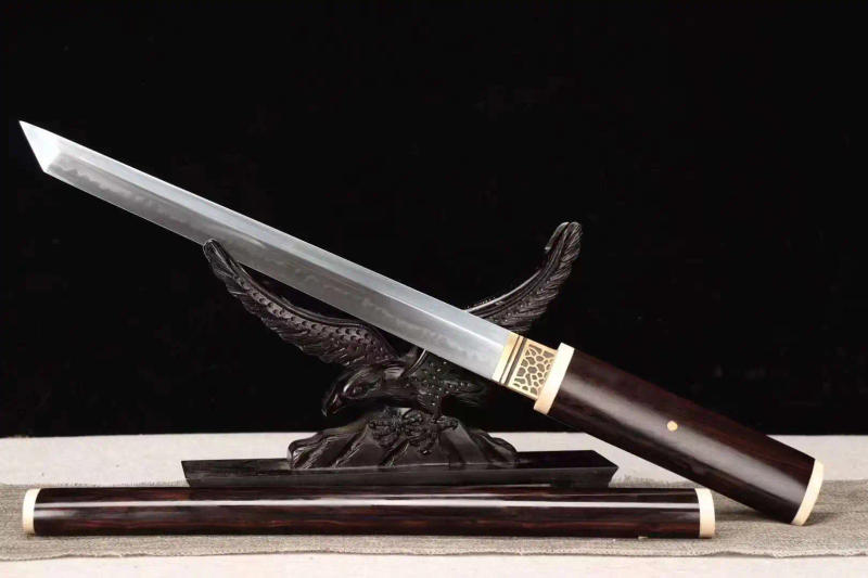 Description Picture 4 of itemChinese Kungfu Short Battle Sword,Real Multi Refined Folded Patterned T10 Carbon Steel Blade,Top Ebony Sheath,Unhardened