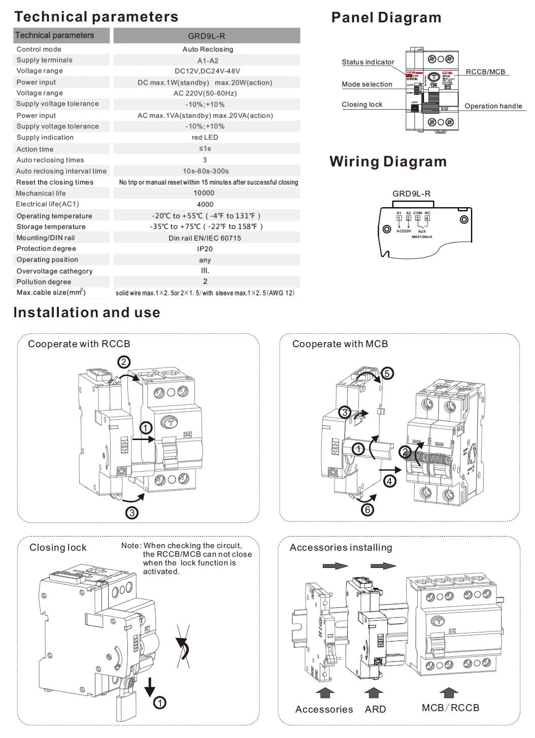 Description Picture 3 of itemGEYA GRD9L 6KA ELCB RCCB Automatic Reclosing Device Remote Control Circuit Breaker 2P 40A 63A 30mA 100mA 300mA RCD AC Type