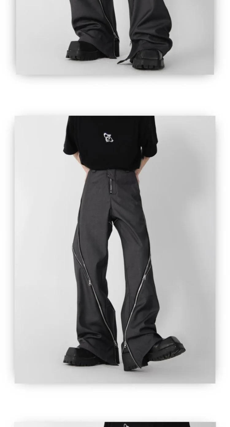 Description Picture 6 of itemDesign Slit Slightly Flared Pants American Trendy Brand Men Black Zipper Vertical Feeling Straight Casual Pants Retro Trousers