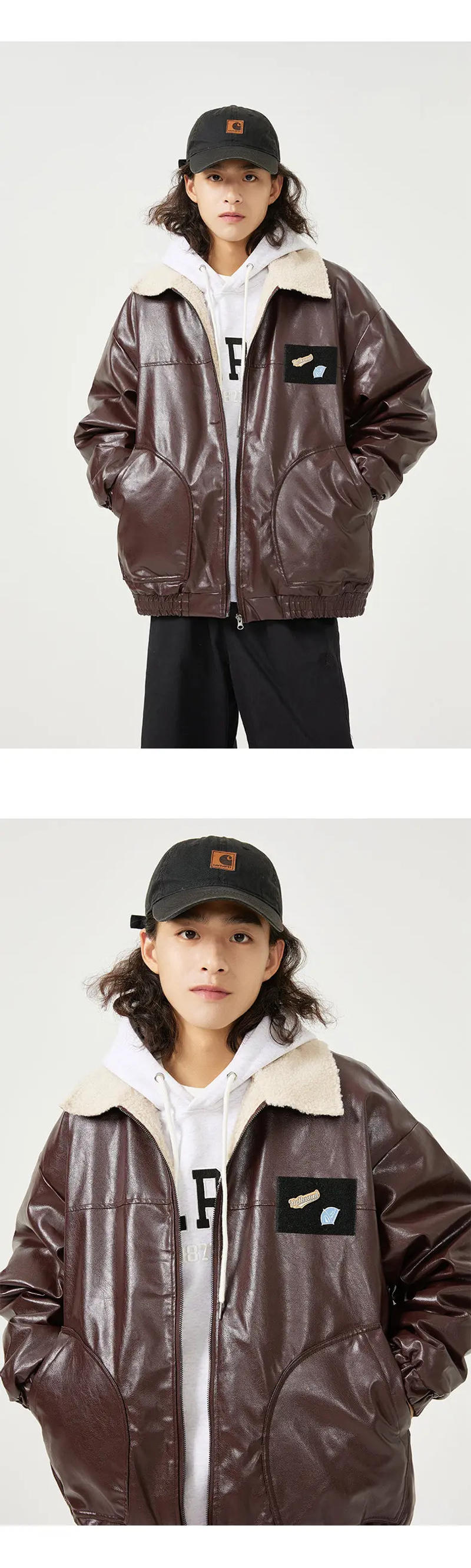 Description Picture 5 of itemMen Winter Lamb Faux Fur Lining Thick Warm Vintage Leather Bomber Jacket Cityboy Streetwear Fashion Loose Casual Coat Outerwear