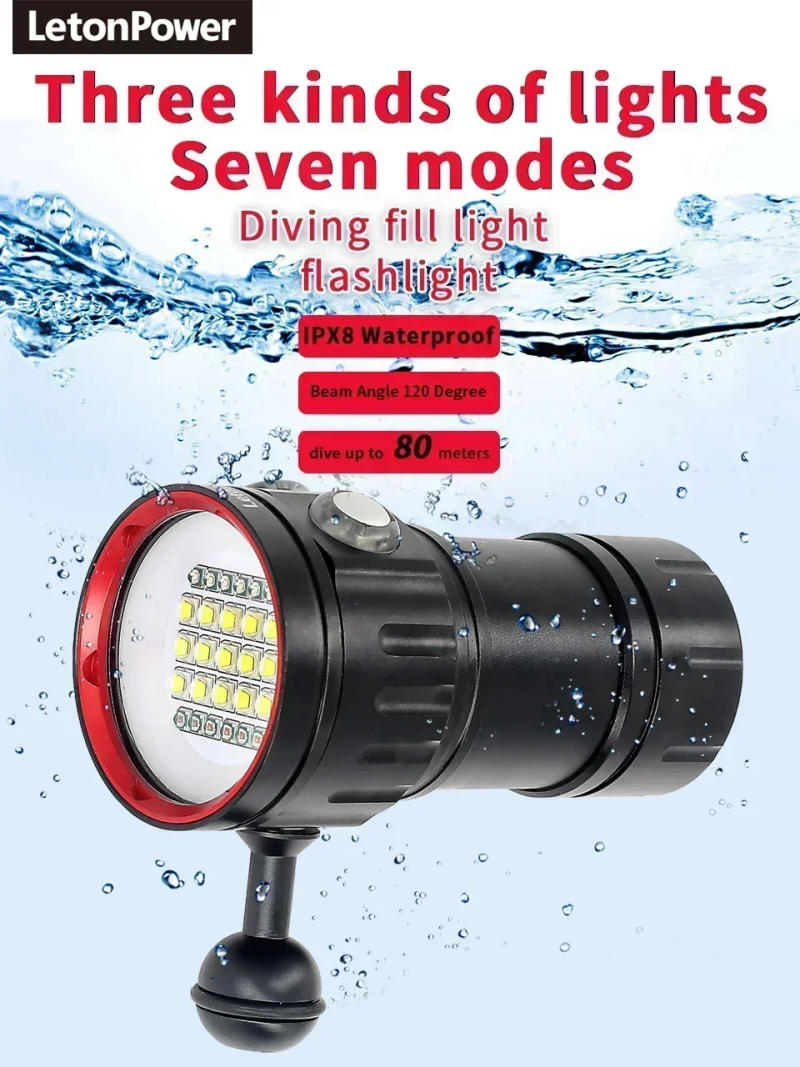 Description Picture 3 of itemNEW LED Diving Light Highlight Torch 20000Lumens Tactical Diving Flashlight Underwater 100M Waterproof Video Camera Light
