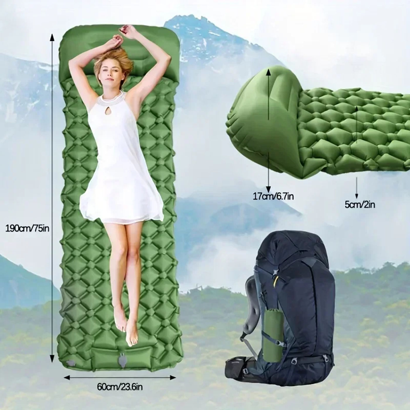 Description Picture 2 of itemOutdoor Camping Inflatable Mattress Sleeping Pad With Pillows Ultralight Air Mat Built In Inflator Pump Hiking