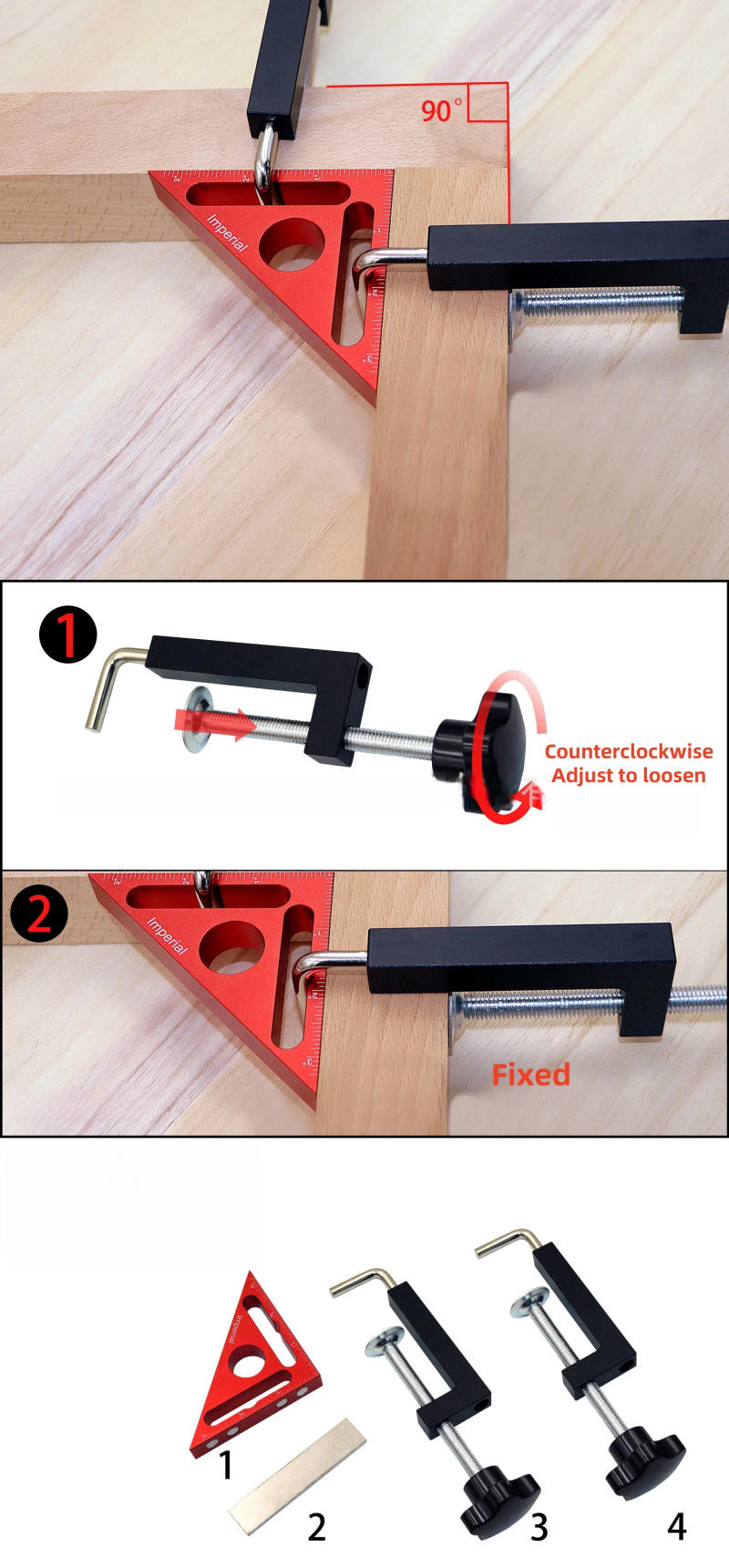 Description Picture 3 of itemWoodworkPro 90° Triangle Ruler with Positioning Block Right Angle Clamp Frame Clamp G-Clamp and Precision Woodworking Tools