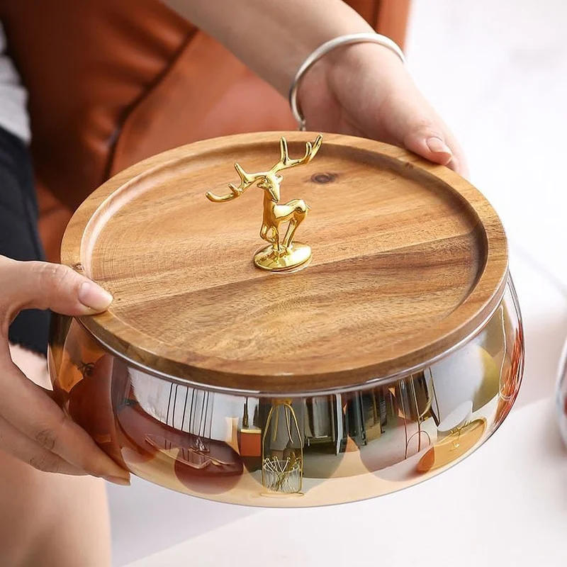 Description Picture 2 of itemGolden Deer Wood Lid Fruit Plate Glass Container with 6 Forks Storage Cup Coffee Table Snacks Candy Box Nut