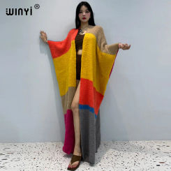 WINYI Winter Women Color geometric print Luxury Fur Neutral coat Thick comfortable Warm Female over coat poncho long down jacket