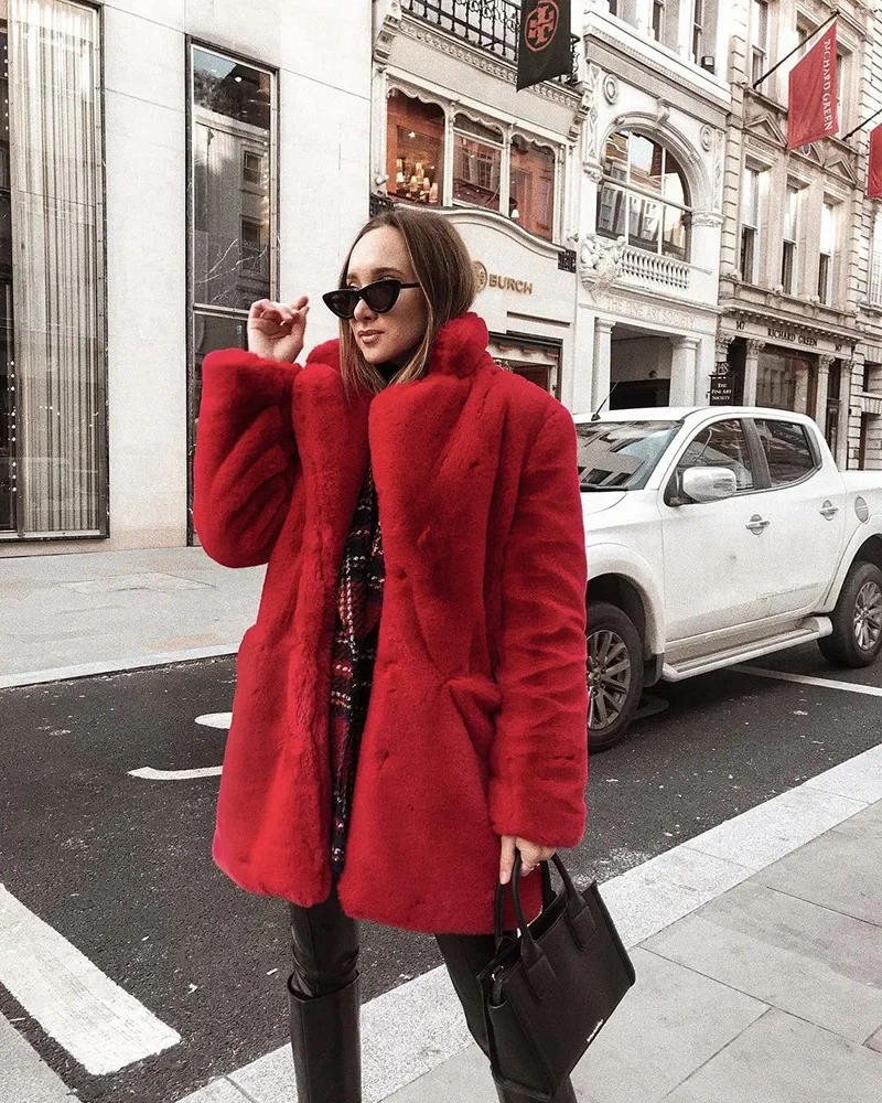 Description Picture 5 of itemWomen's Mid Long Faux Fur Coat, Winter Plush Jacket, Plus Size Overcoat, Lapel Fluffy Jacket, Female Outerwear, Fuzzy Top