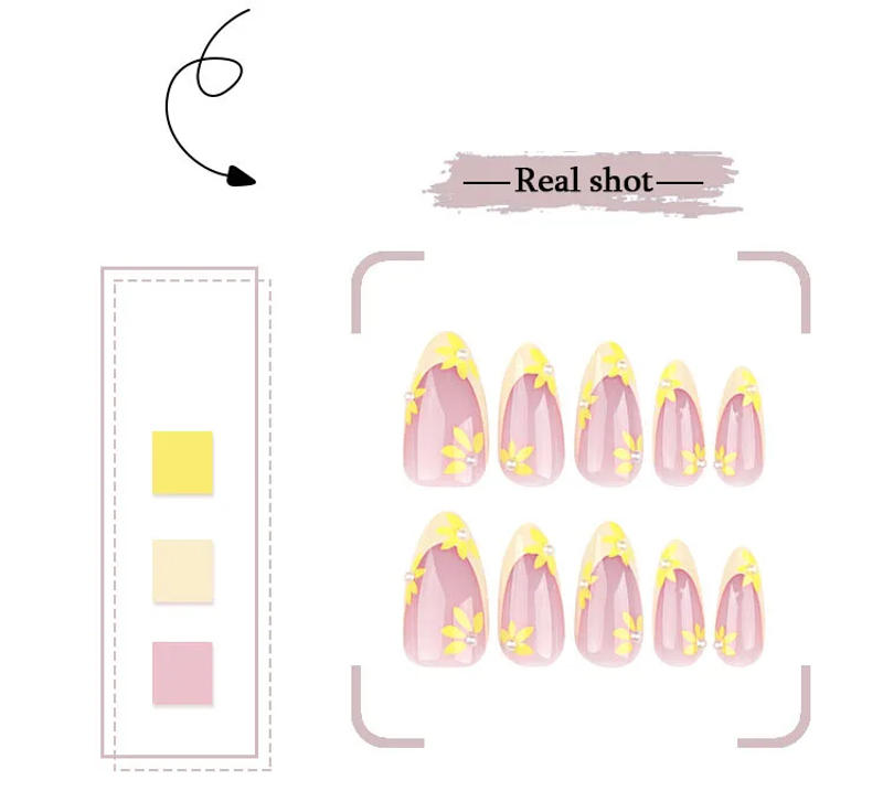 Description Picture 6 of itemYellow Little Flowers Pearl Cute Almond Shape False Nails Simple French Detachable Finished Fake Nails Press on Nails with Glue