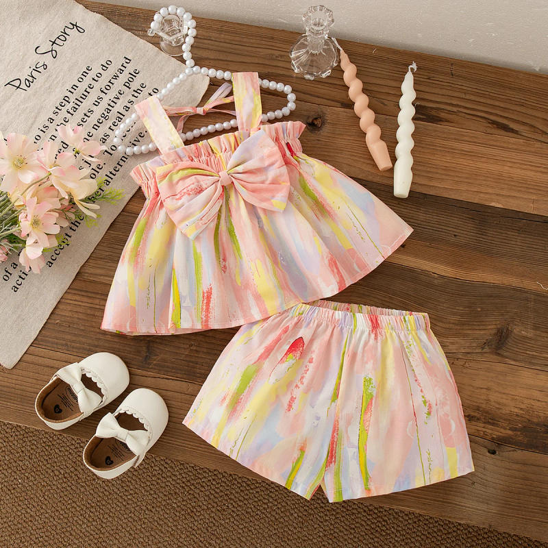Description Picture 3 of itemSummer Casual Beach Costumes for Baby Bow Suspender Top with Shorts Colorful Tie Dye Cotton Suit 2 Piece Baby Girl Wear