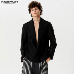 Handsome Well Fitting Tops INCERUN Men's Hollow Mesh Solid Blazer Casual Party Shows Hot Sale Long Sleeved Suit Coats S-5XL 2023
