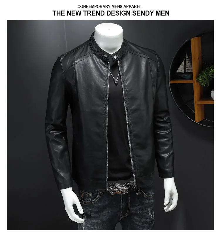 Description Picture 4 of item2024 Autumn Leather Jacket Men Stand Collar Slim Pu Leather Jacket Fashion Motorcycle Causal Coat Mens Moto Biker Leather Coat