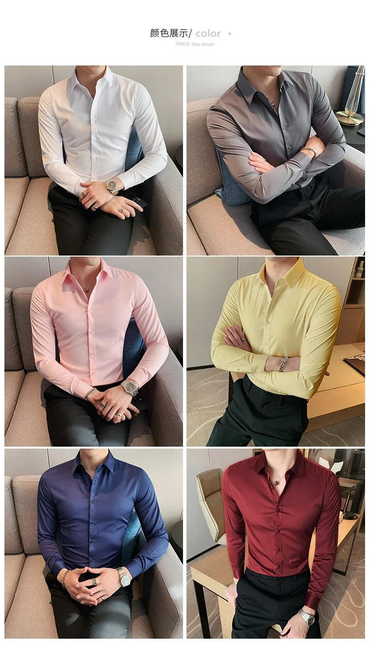 Description Picture 3 of itemSummer Men Fashion Casual Short Sleeve Solid Shirt Super Slim Fit Male Social Business Dress Shirt Brand Men Casual Dress Blouse