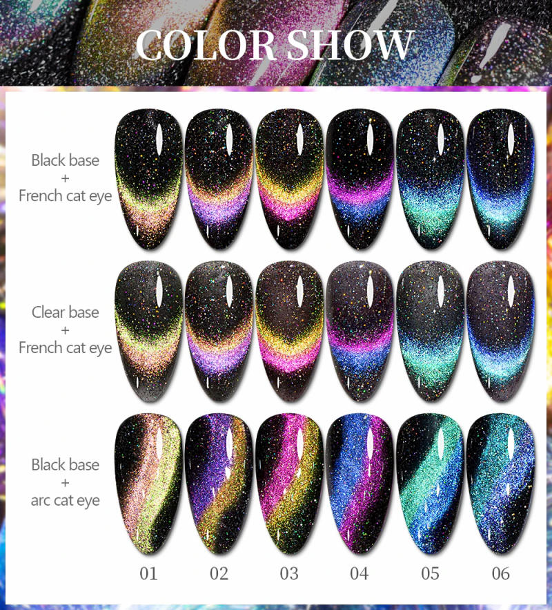 Description Picture 4 of itemBOZLIN 7.5ml Double Light Reflective Magnetic Gel Sparkling Rainbow Soak Off Semi Permanent Nail Art Disco Flashing Cat Eye Gel