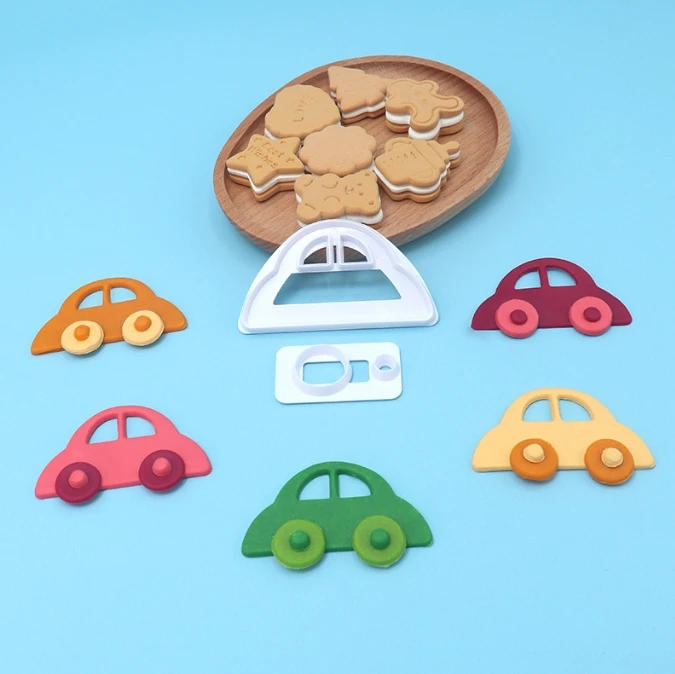 Description Picture 3 of itemFondant Cake Decorating Cookie Embosser Mold Cartoon Car Tractor Train Shaped Biscuit Pastry Stamp Hand Press For Baking Tools