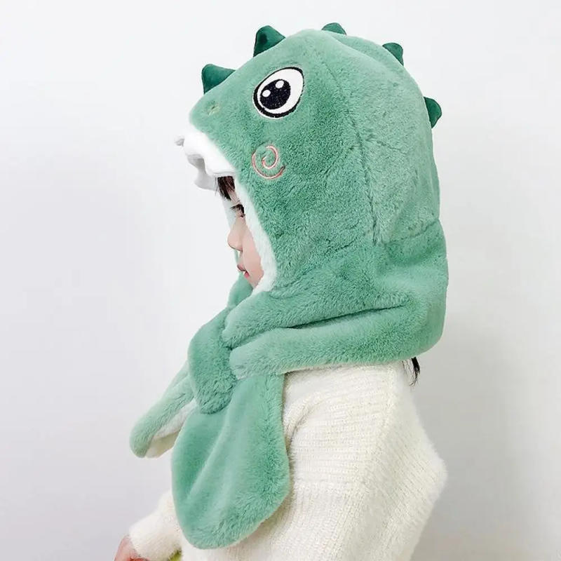 Description Picture 5 of itemCartoon Plush Scarf Integrated Cap Hat Scarf Set Dinosaur Cold-proof Pullover Hat Winter Cap Bomber Hat Bonnet Baby Hat