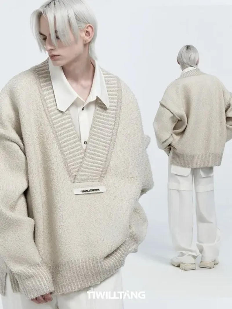 Description Picture 3 of itemAmerican Contrasting Color Splicing Niche V-neck Sweater Men's Vintage Knitted Loose Casual High Street Pullovers Male Clothes