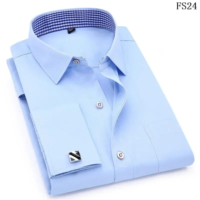 Description Picture 6 of item2023 Men French Cufflinks Shirts White Collar Design Solid Color Jacquard Fabric Male Gentleman Dress Long Sleeves Shirt